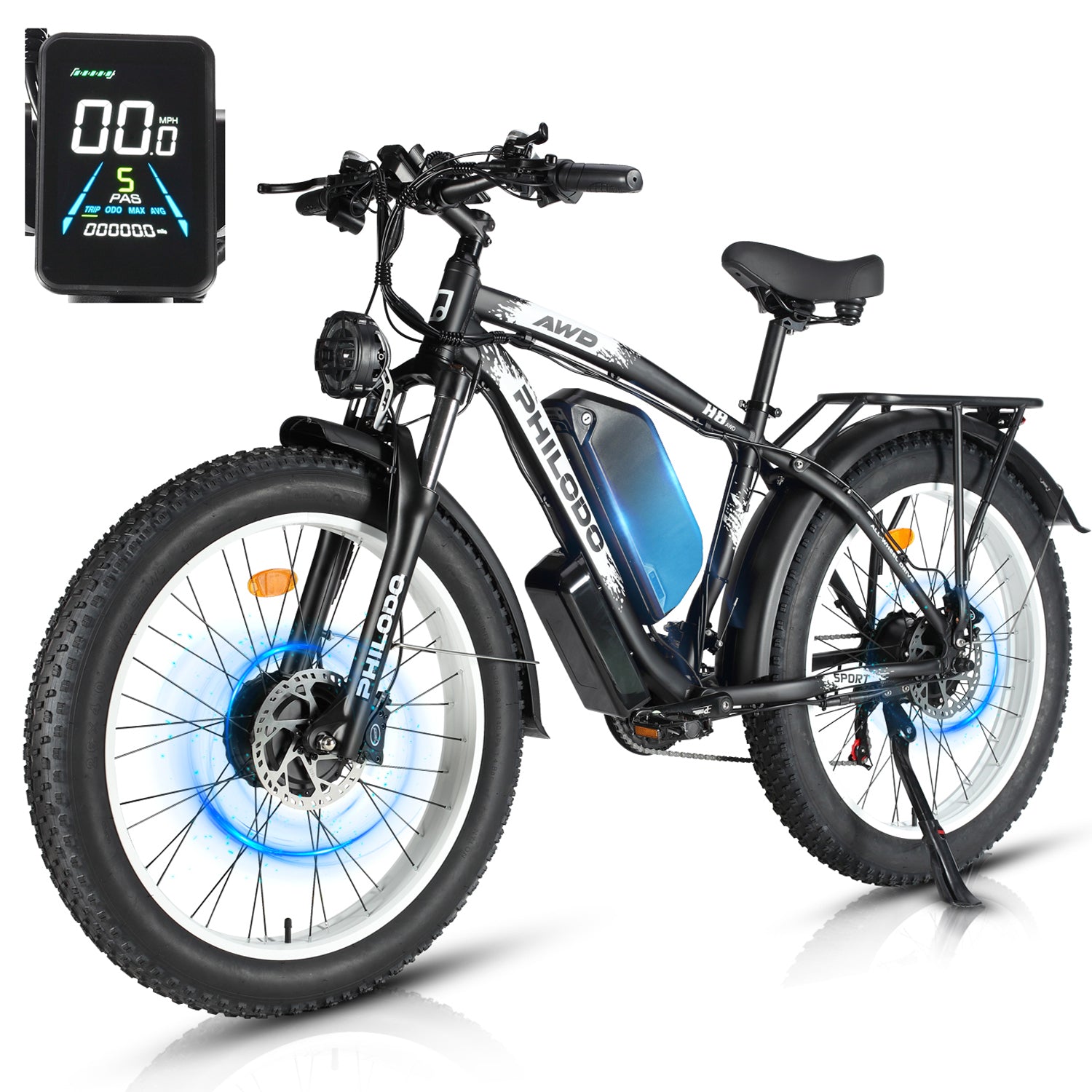 (UK Stock)PHILODO H8 Electric Bike for Adults, 48V 26Ah Fat Tire Ebike Dual Motor AWD 2000W 35MPH Electric Bicycles 21-Speed with Ignition Lock Hydraulic Disc Brake
