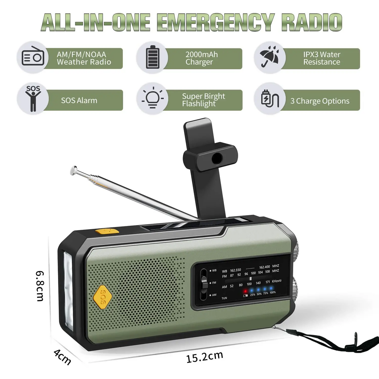 Portable AM/FM/NOAA Solar Hand Crank Weather Radio Cell Phone Charger 2000mAh SOS Alarm for Camping Hurricane Earthquake