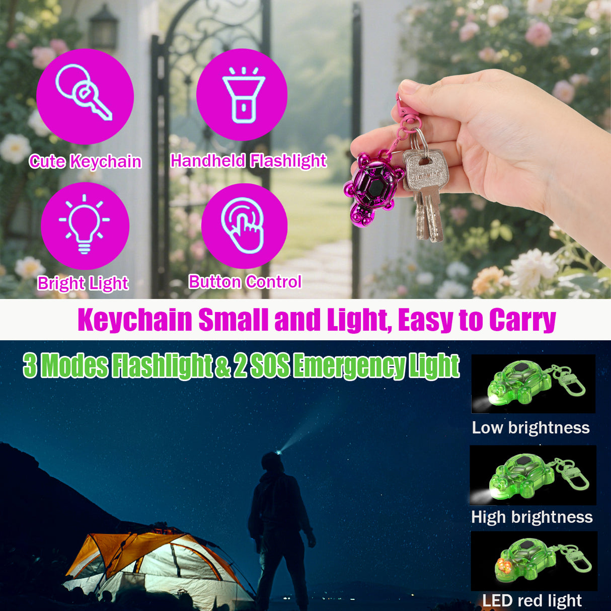 (USA Stock)3PCS Set Turtle Keychain Flashlights, LED & SOS Emergency Mini Flashlight Key Ring Handbag Bag Purse Keychains Set Animal Keychain Lights, Outdoor Adventures, Holiday Gift