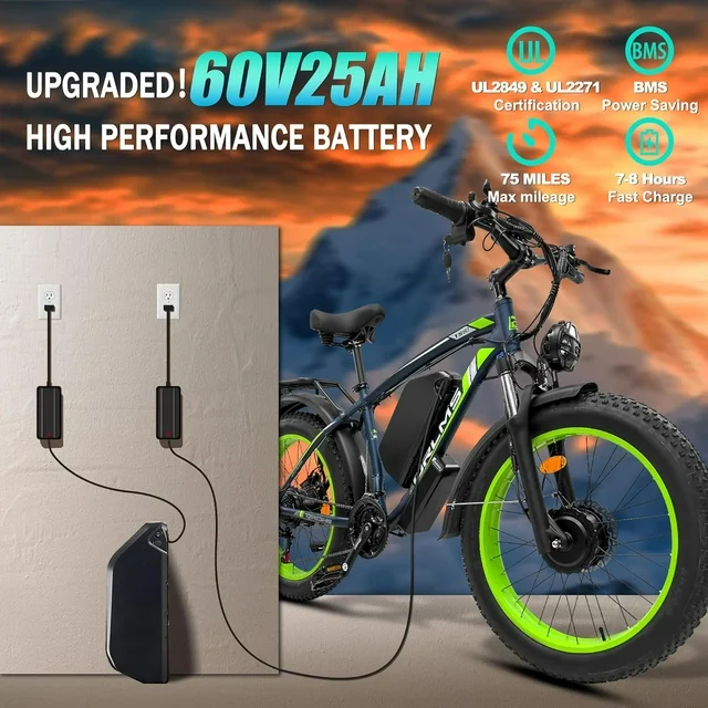 (USA Stock) ORLMS TS60 Peak 5000W 60V 25Ah Dual Motors 26*4” Fat Tire Electric Bike