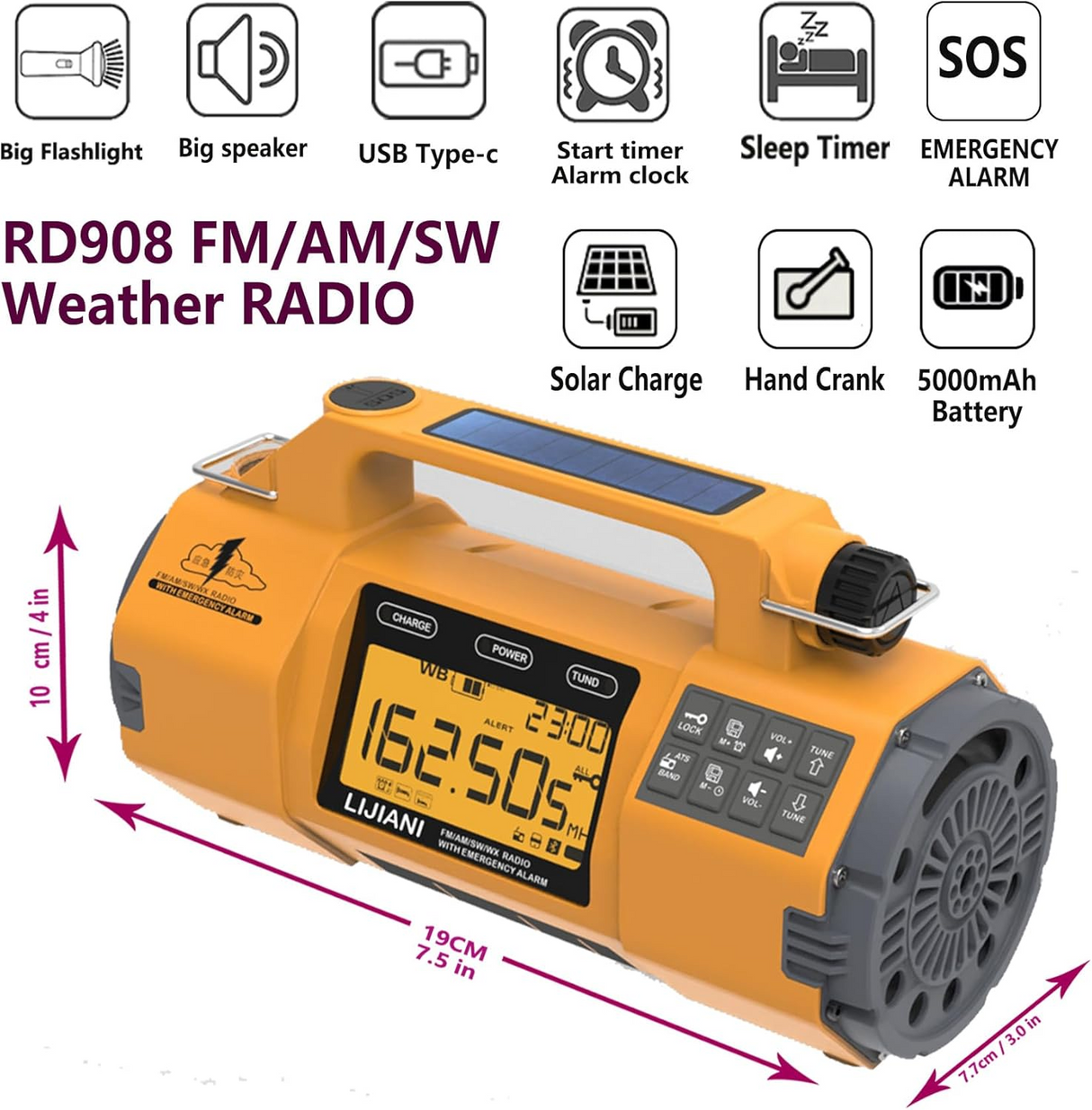 Portable 5000mAh Solar LED Flashlight Hand Crank SOS Alert AM FM WB SW Weather Radio Internet Radio Clock Function