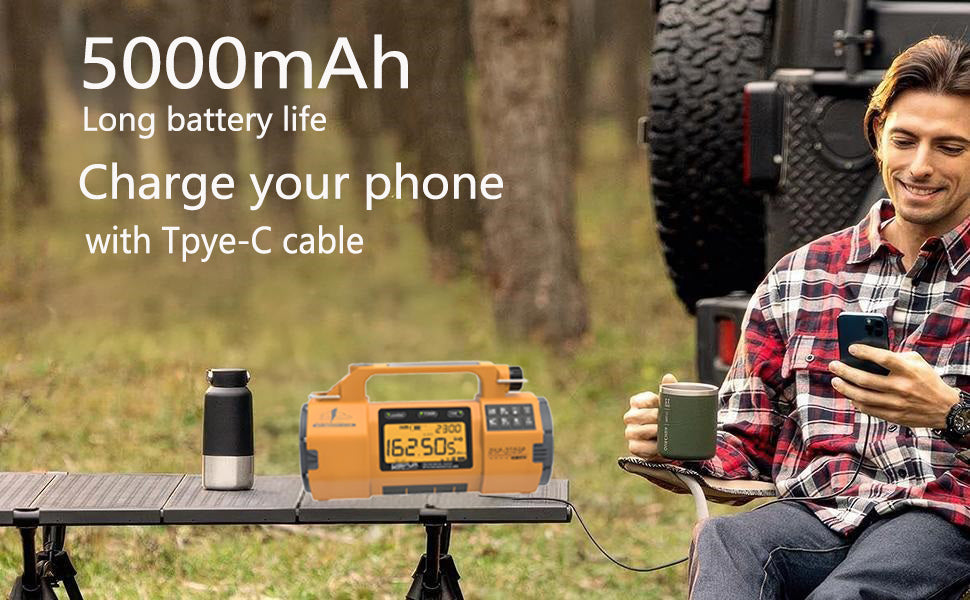 Portable 5000mAh Solar LED Flashlight Hand Crank SOS Alert AM FM WB SW Weather Radio Internet Radio Clock Function
