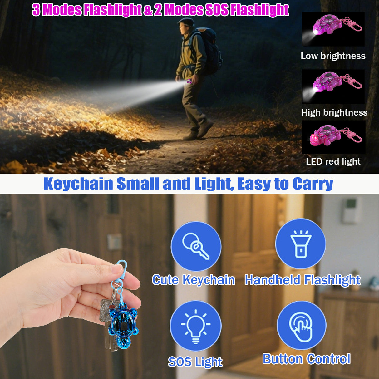 (USA Stock)3PCS Set Turtle Keychain Flashlights, LED & SOS Emergency Mini Flashlight Key Ring Handbag Bag Purse Keychains Set Animal Keychain Lights, Outdoor Adventures, Holiday Gift