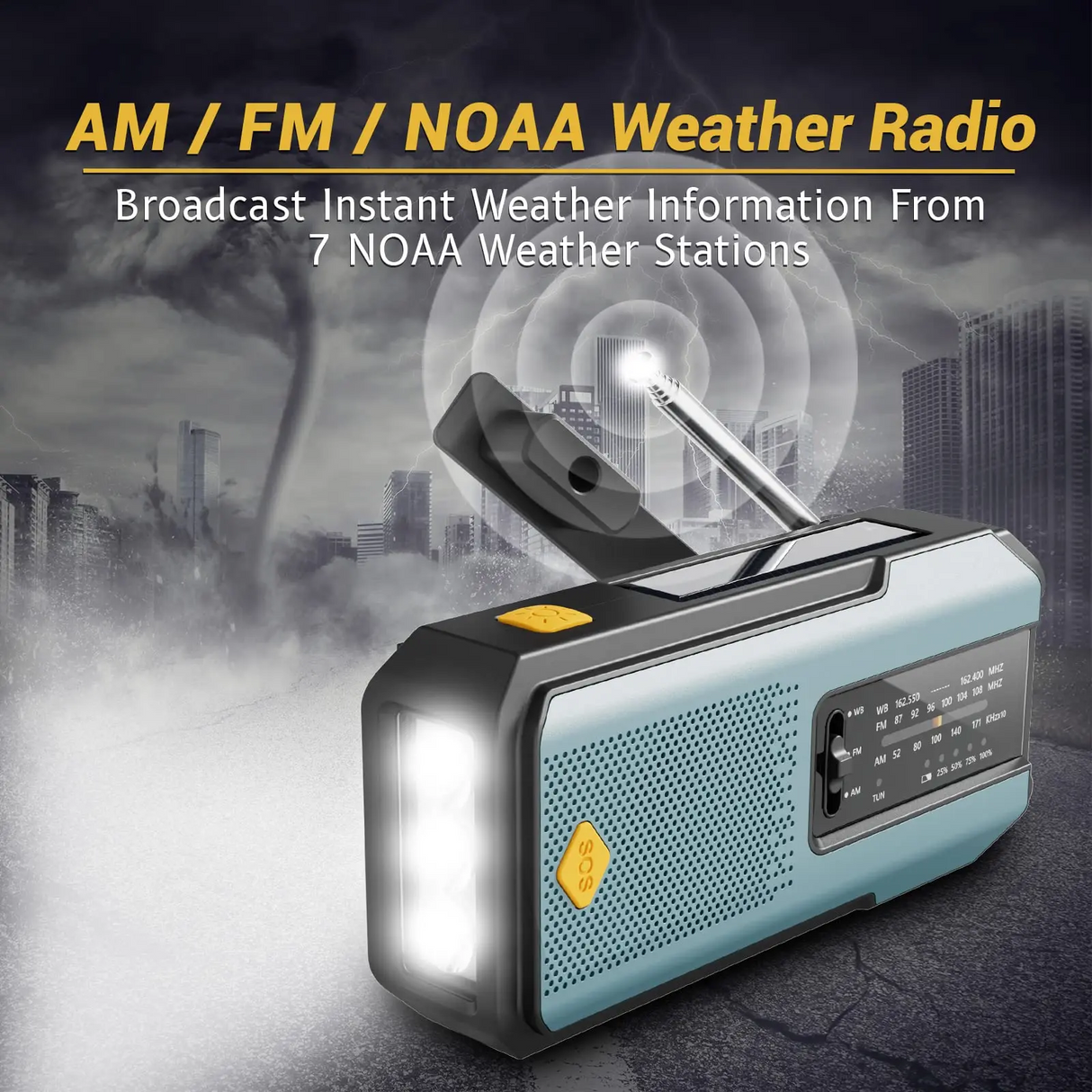 Portable AM/FM/NOAA Solar Hand Crank Weather Radio Cell Phone Charger 2000mAh SOS Alarm for Camping Hurricane Earthquake