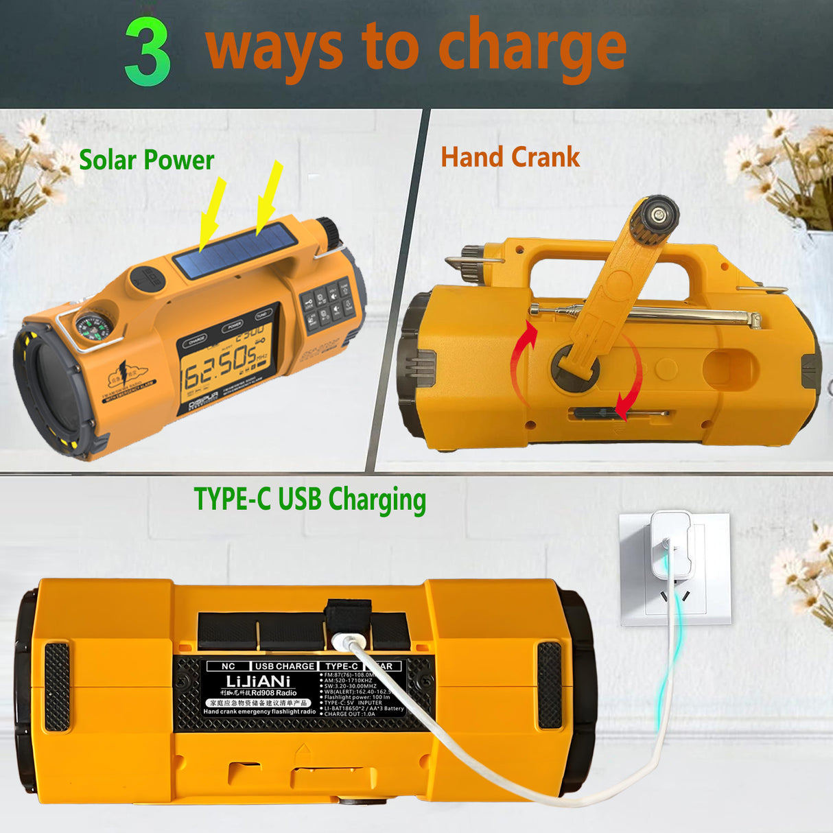 Portable 5000mAh Solar LED Flashlight Hand Crank SOS Alert AM FM WB SW Weather Radio Internet Radio Clock Function