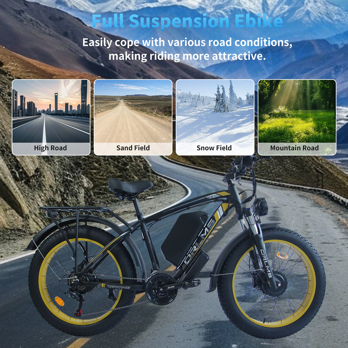 (USA Stock) ORLMS TS60 Peak 5000W 60V 25Ah Dual Motors 26*4” Fat Tire Electric Bike