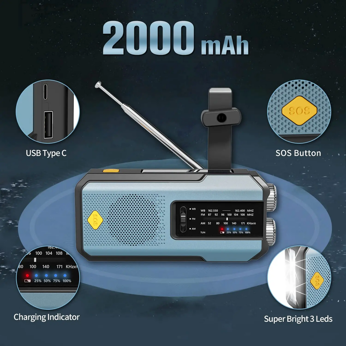 Portable AM/FM/NOAA Solar Hand Crank Weather Radio Cell Phone Charger 2000mAh SOS Alarm for Camping Hurricane Earthquake