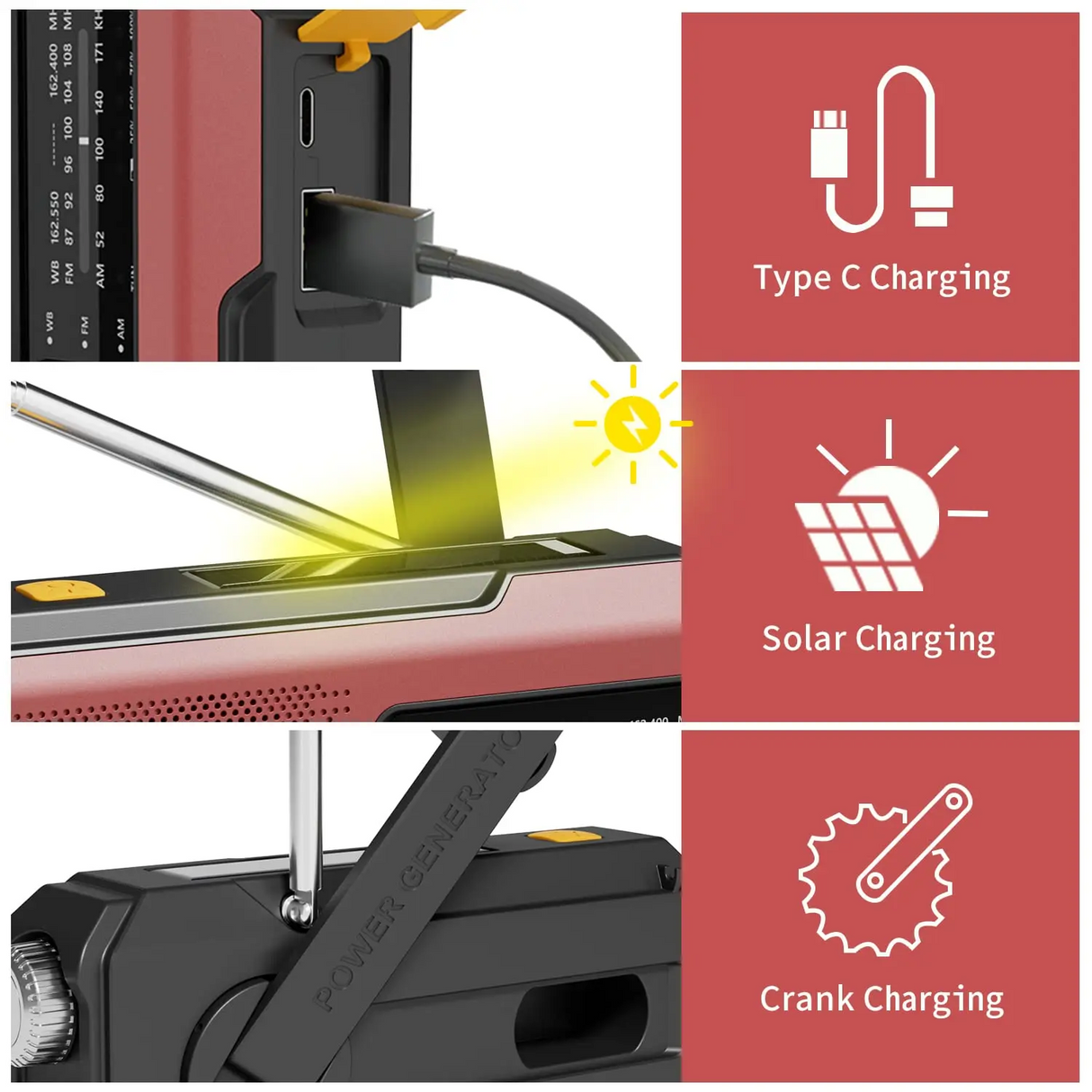 Portable AM/FM/NOAA Solar Hand Crank Weather Radio Cell Phone Charger 2000mAh SOS Alarm for Camping Hurricane Earthquake