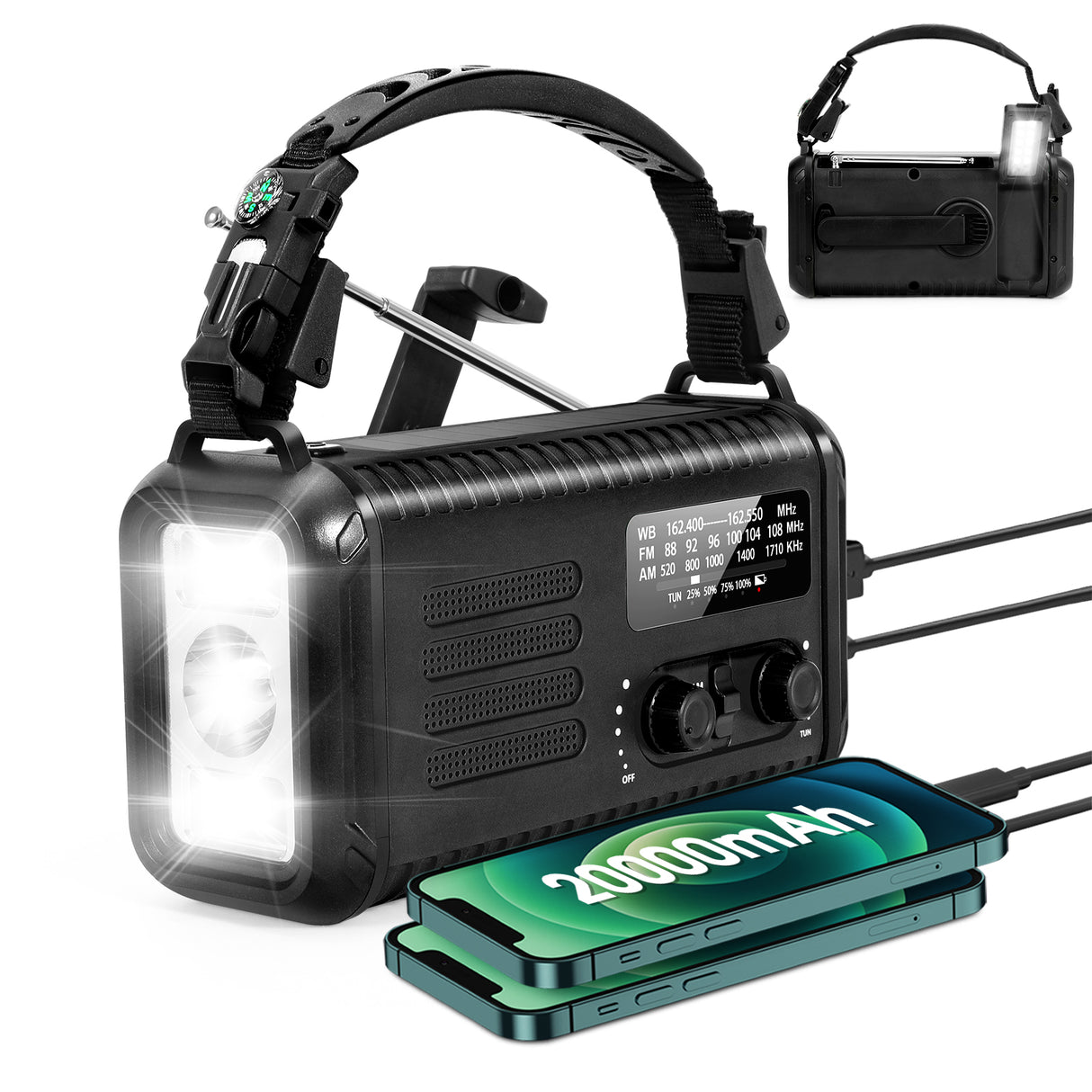 Condor 1 Emergency Hand crank Radio 20000mah USB Charger FM AM NOAA Weather Radio with Compass Lamp Solar Radio