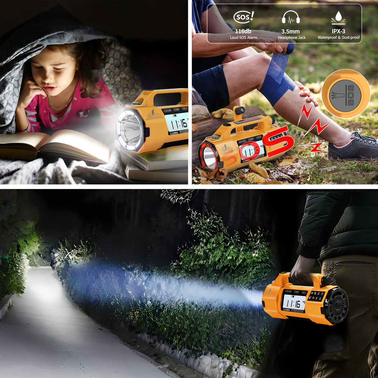 Portable 5000mAh Solar LED Flashlight Hand Crank SOS Alert AM FM WB SW Weather Radio Internet Radio Clock Function