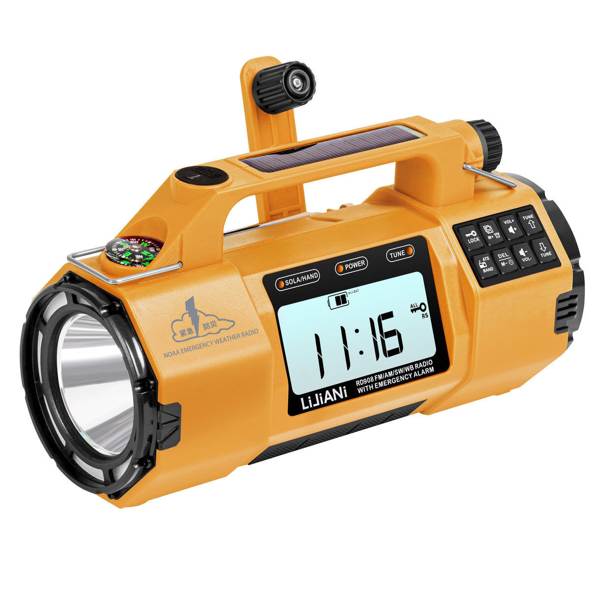 Portable 5000mAh Solar LED Flashlight Hand Crank SOS Alert AM FM WB SW Weather Radio Internet Radio Clock Function