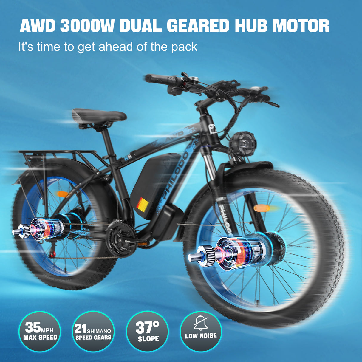 (UK Stock)PHILODO H8 Electric Bike for Adults, 48V 26Ah Fat Tire Ebike Dual Motor AWD 2000W 35MPH Electric Bicycles 21-Speed with Ignition Lock Hydraulic Disc Brake