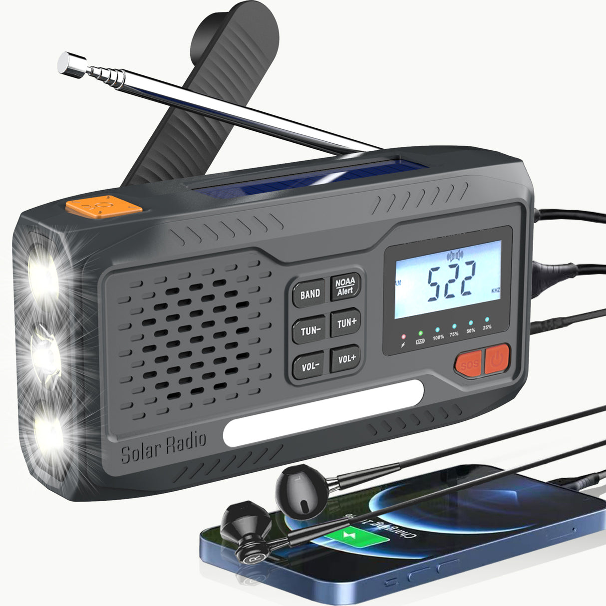 (USA Stock)2000mAh/7400mWh Solar Emergency Radio, AM/FM/NOAA Weather Radio, Hand Crank Radio Flashlight Cell Phone Charger & Night Light for Home Supplies, with Digital Display & Battery Compartment, SOS Alarm