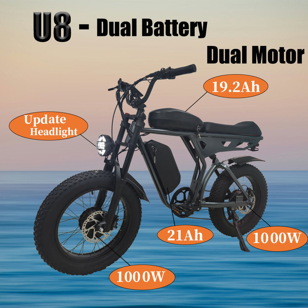 (USA Stock)SMLRO U8 PLUS Dual Motor & Dual Battery 20*4 Inch Tires Electric Bike With Motor Switch| 2000W(Peak 3000W) 48V 19.2Ah & 21Ah|Hydralic Disc Brake