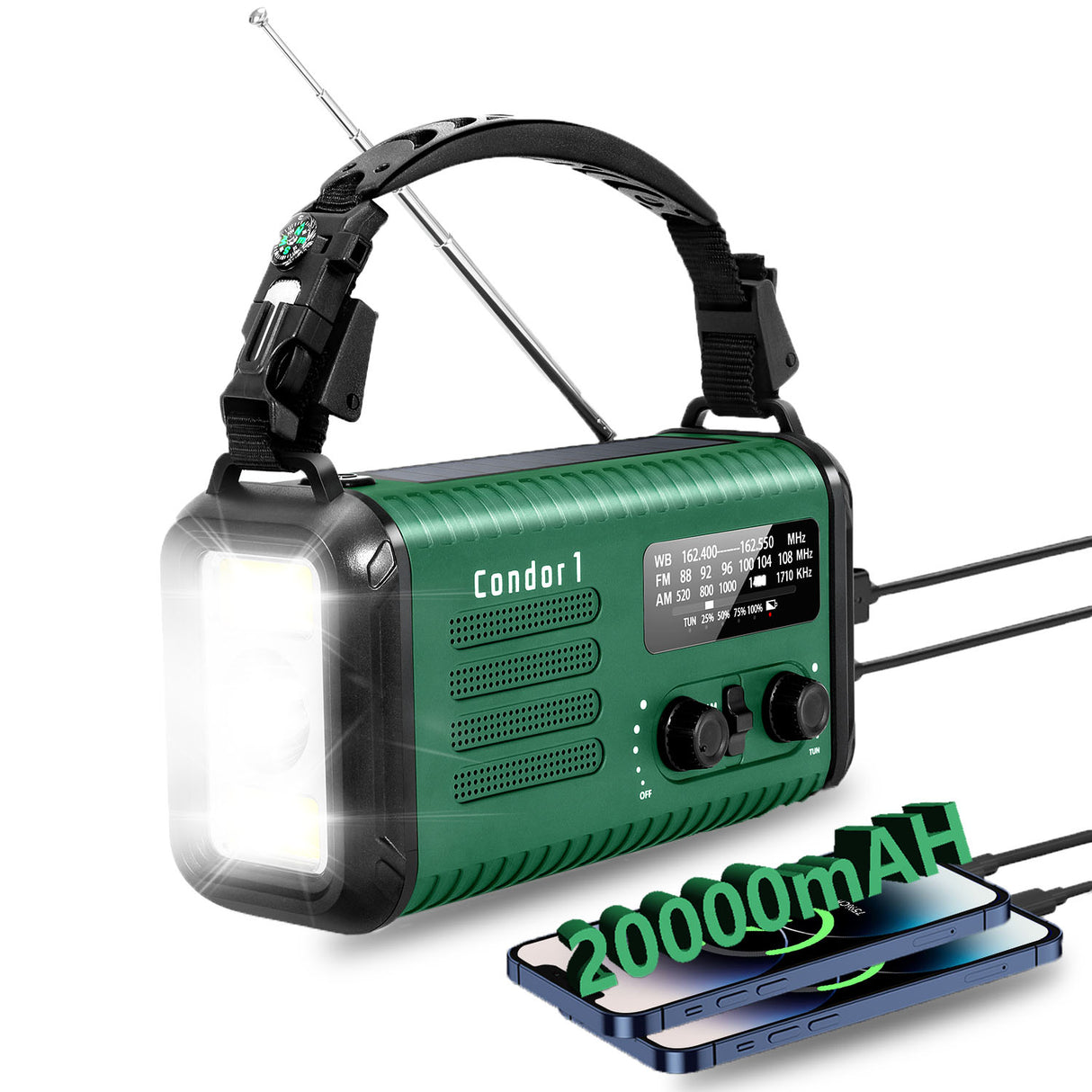 Condor 1 Emergency Hand crank Radio 20000mah USB Charger FM AM NOAA Weather Radio with Compass Lamp Solar Radio