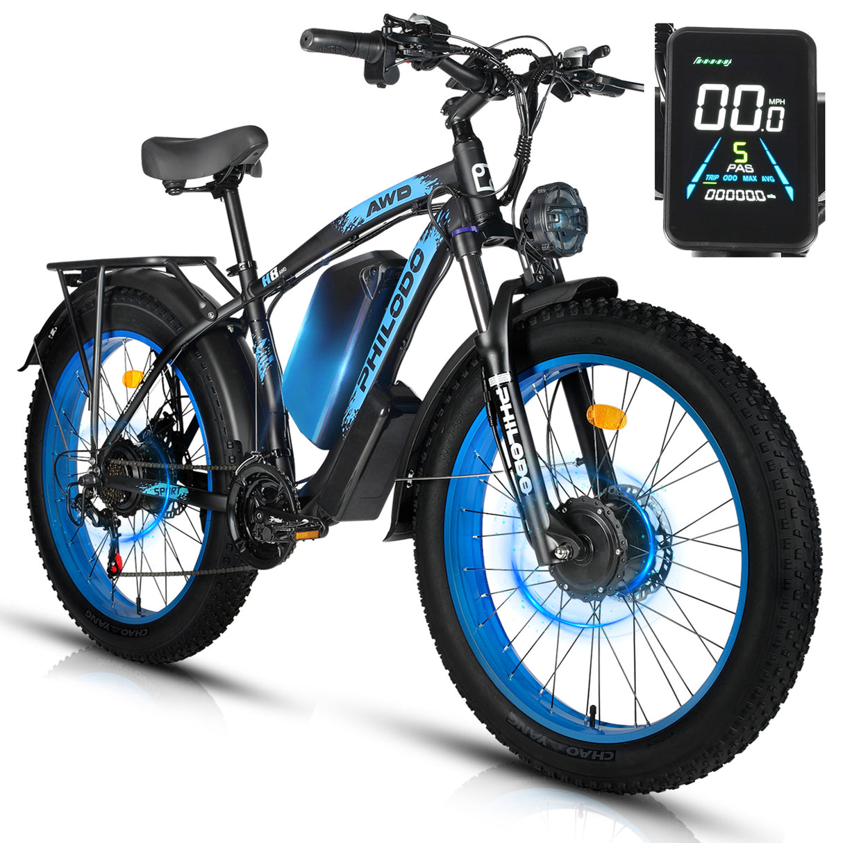 （EU UK Stock）PHILODO H8 Electric Bike for Adults, 48V 26Ah Fat Tire Ebike Dual Motor AWD 2000W 35MPH Electric Bicycles 21-Speed with Ignition Lock Hydraulic Disc Brake-Blue