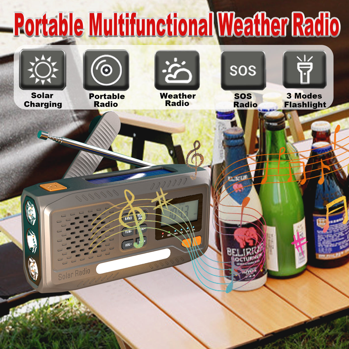 (USA Stock)2000mAh/7400mWh Solar Emergency Radio, AM/FM/NOAA Weather Radio, Hand Crank Radio Flashlight Cell Phone Charger & Night Light for Home Supplies, with Digital Display & Battery Compartment, SOS Alarm