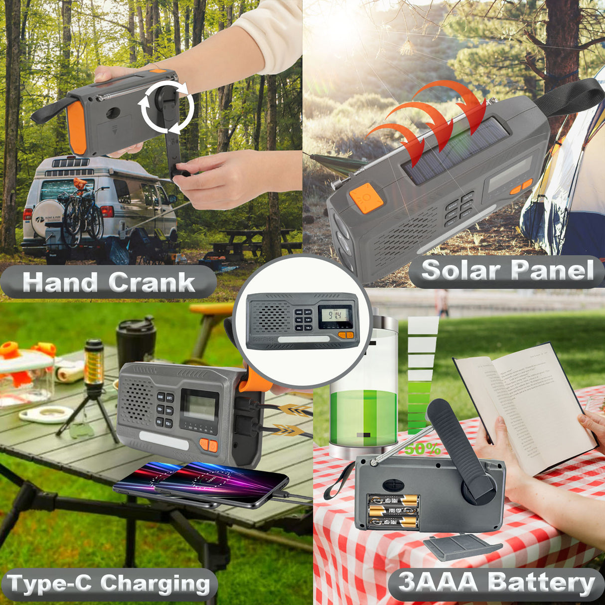 (USA Stock)2000mAh/7400mWh Solar Emergency Radio, AM/FM/NOAA Weather Radio, Hand Crank Radio Flashlight Cell Phone Charger & Night Light for Home Supplies, with Digital Display & Battery Compartment, SOS Alarm