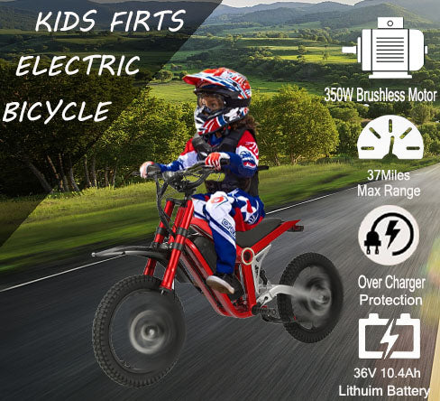 (Ship from China) 36V Electric Dirt Bike for Kids Aged 5-16, 350W Disc Brake Electric Motorcycle Ebike, Maxium Speed 22mph, 3 Speed Settings, Safe Disc Brakes, 16IN Off-Road Tires