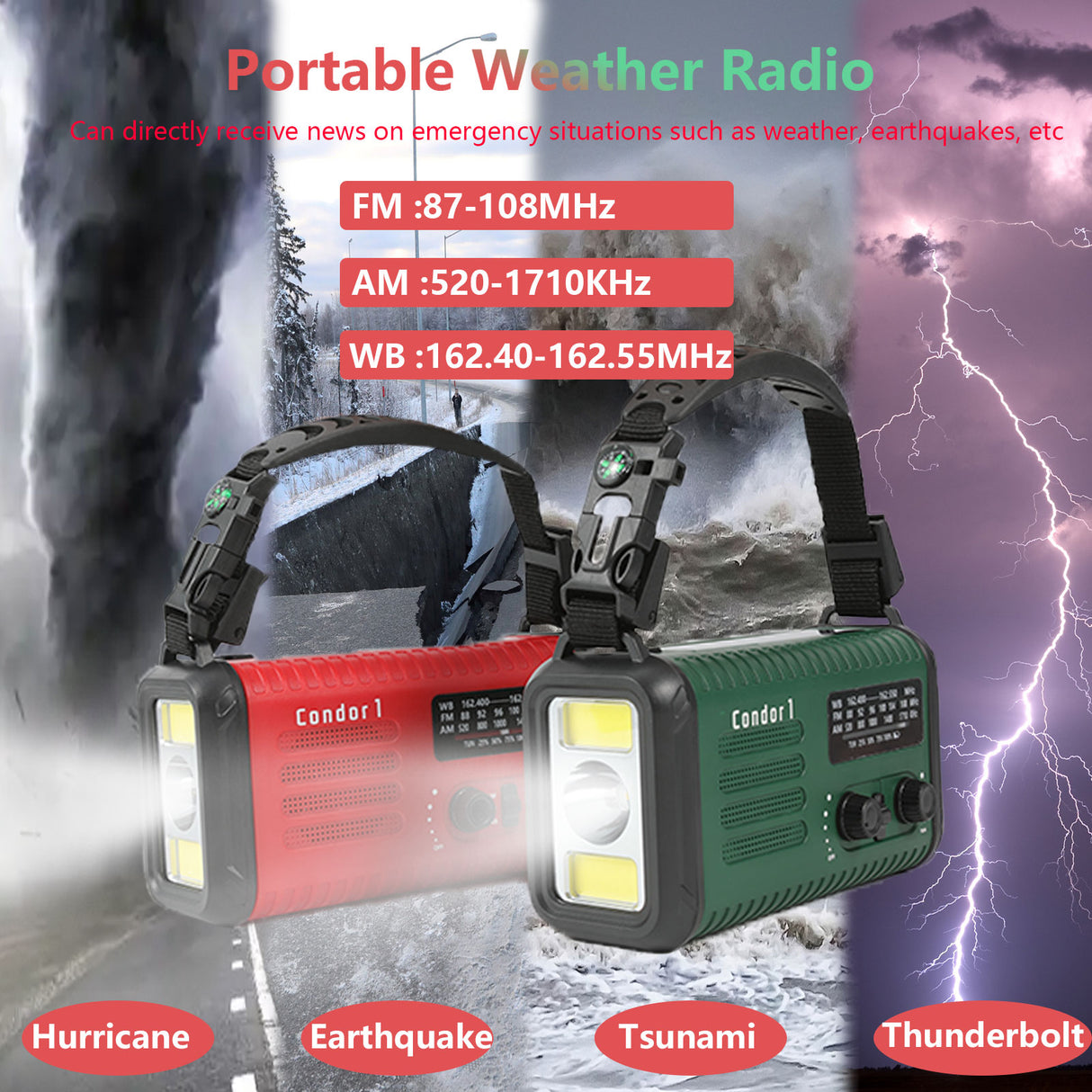 Condor 1 Emergency Hand crank Radio 20000mah USB Charger FM AM NOAA Weather Radio with Compass Lamp Solar Radio