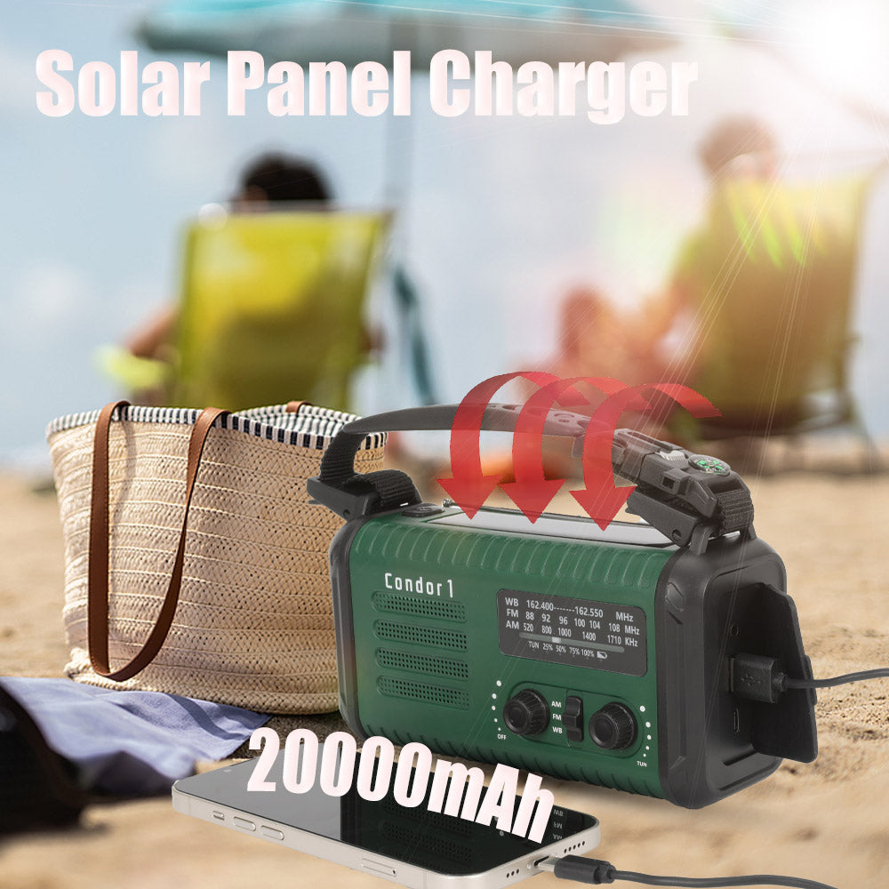 Condor 1 Emergency Hand crank Radio 20000mah USB Charger FM AM NOAA Weather Radio with Compass Lamp Solar Radio