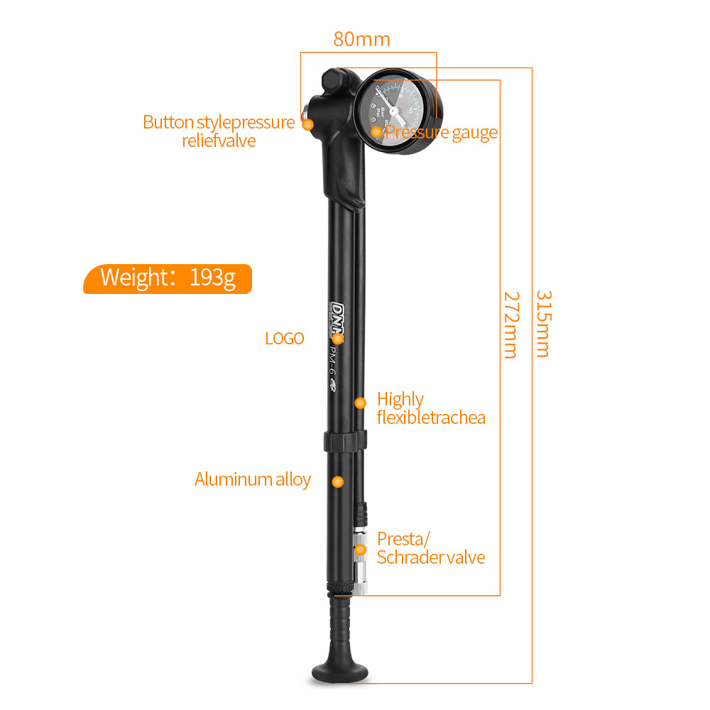 DNM DNM PM-1613 High Pressure 300 PSI(20 BAR) Max Front Fork & Rear Shock Suspension Portable Mini Pump with Air Bleed Button
