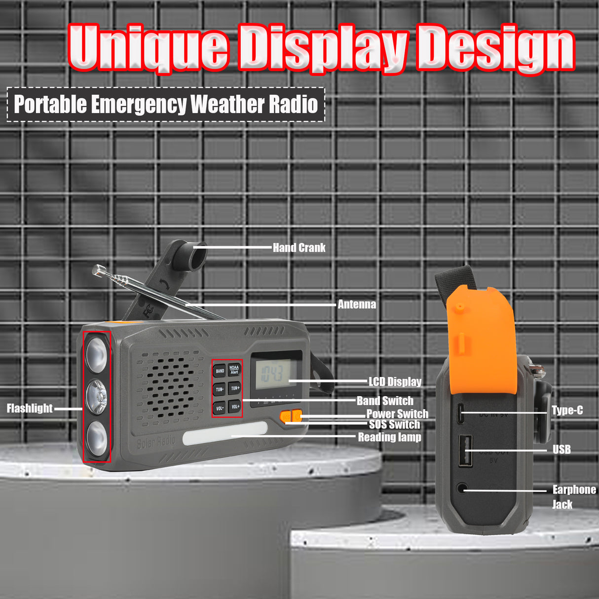 (USA Stock)2000mAh/7400mWh Solar Emergency Radio, AM/FM/NOAA Weather Radio, Hand Crank Radio Flashlight Cell Phone Charger & Night Light for Home Supplies, with Digital Display & Battery Compartment, SOS Alarm