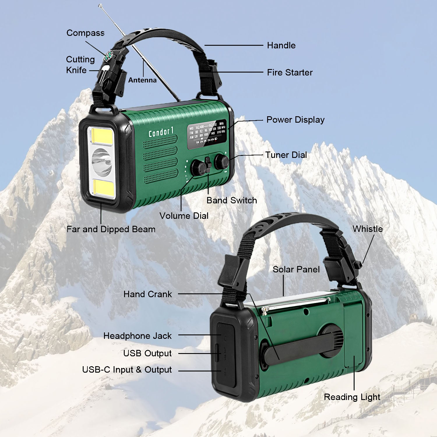 Condor 1 Emergency Hand crank Radio 20000mah USB Charger FM AM