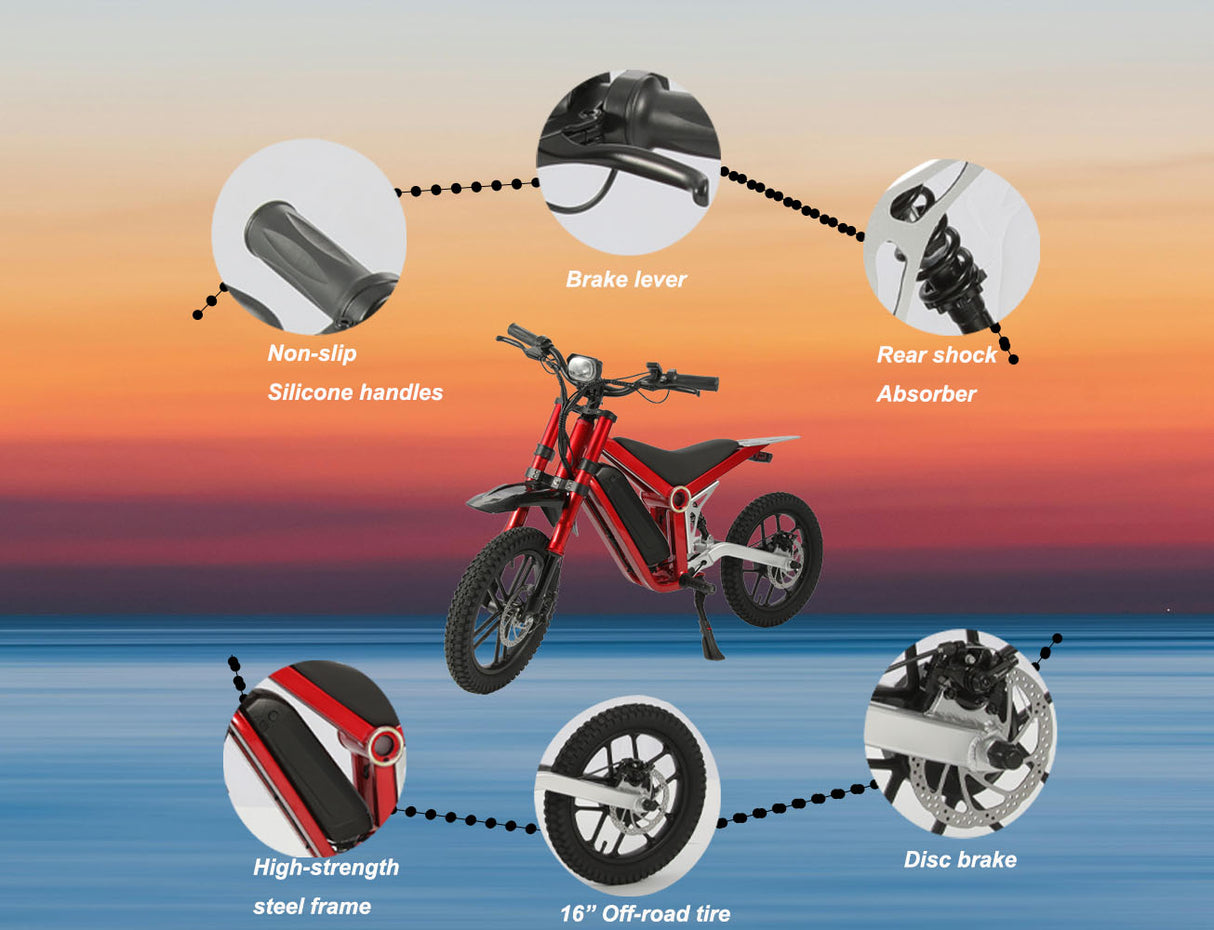 (Ship from China) 36V Electric Dirt Bike for Kids Aged 5-16, 350W Disc Brake Electric Motorcycle Ebike, Maxium Speed 22mph, 3 Speed Settings, Safe Disc Brakes, 16IN Off-Road Tires