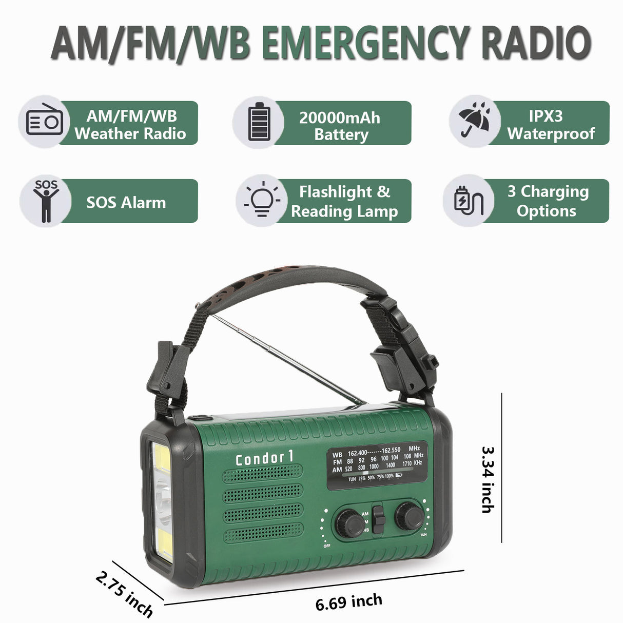 Condor 1 Emergency Hand crank Radio 20000mah USB Charger FM AM NOAA Weather Radio with Compass Lamp Solar Radio